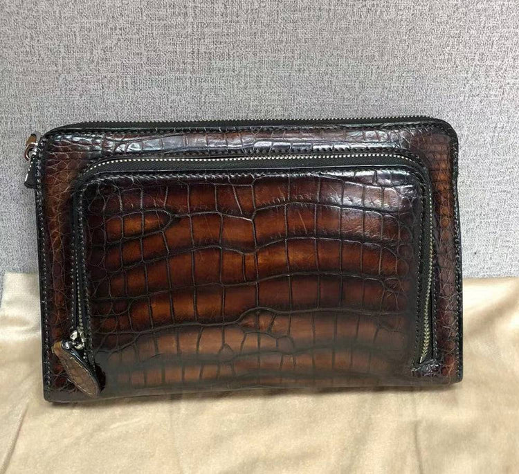 Vintage Brown Genuine Crocodile Skin Leather Wrist Handle Clutch Wallet Bag