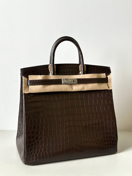 Genuine Nile Crocodile Skin Leather 40cm Oversized Padlock Business Handbags Office Bags Brown