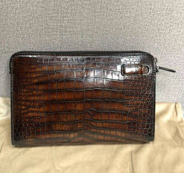 Vintage Brown Genuine Crocodile Skin Leather Wrist Handle Clutch Wallet Bag