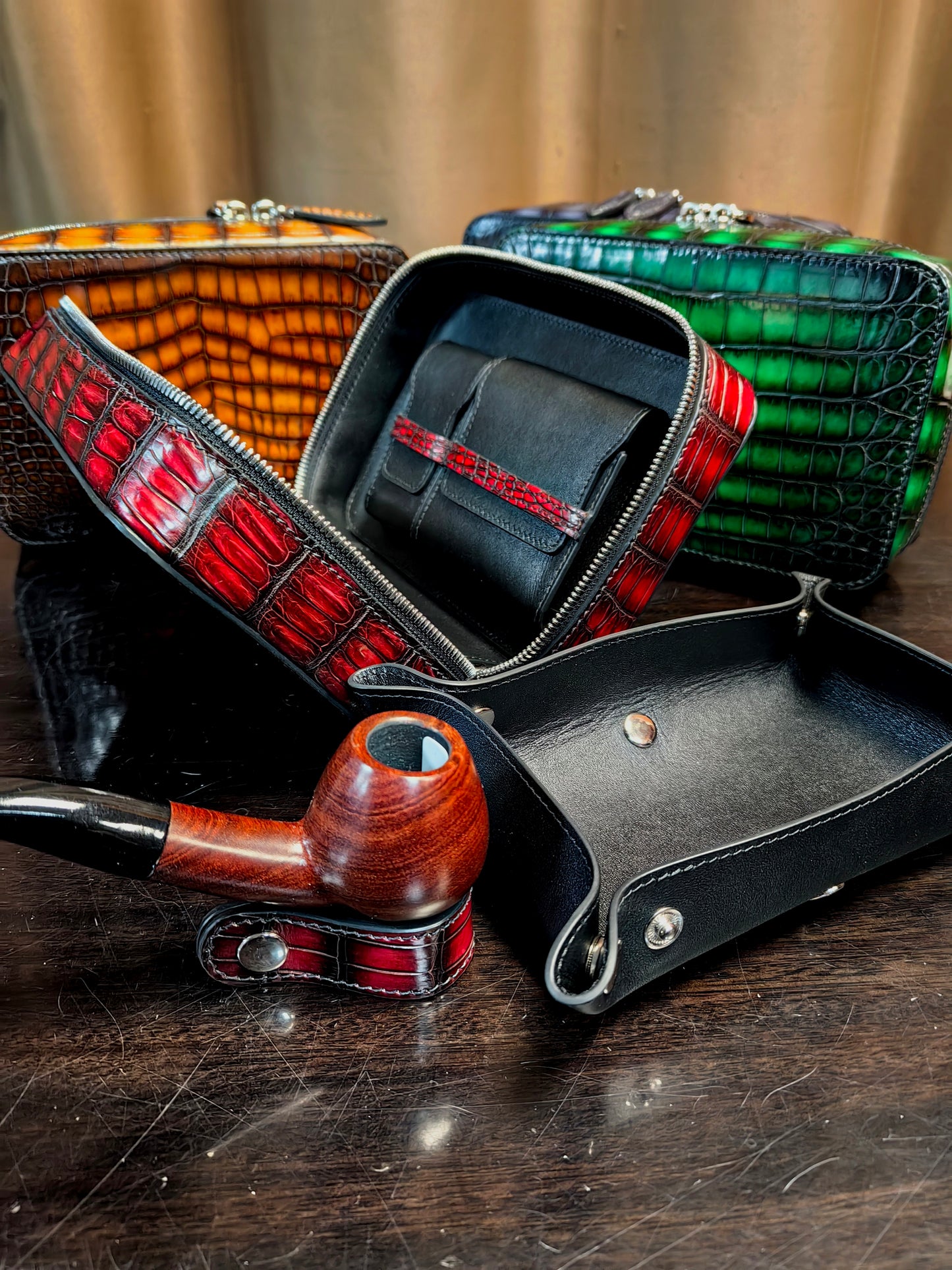 Vintage Genuine Crocodile Skin Leather Zippered Pipe Case, Crocodile Leather Pipe Bag, Crocodile leather Leather Pipe Pouch, Personalized Gift, Smoking Pipe Pouch, Tobacco, Christmas Gift