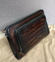 Vintage Brown Genuine Crocodile Skin Leather Wrist Handle Clutch Wallet Bag