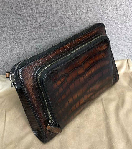 Vintage Brown Genuine Crocodile Skin Leather Wrist Handle Clutch Wallet Bag