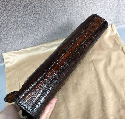 Vintage Brown Genuine Crocodile Skin Leather Wrist Handle Clutch Wallet Bag