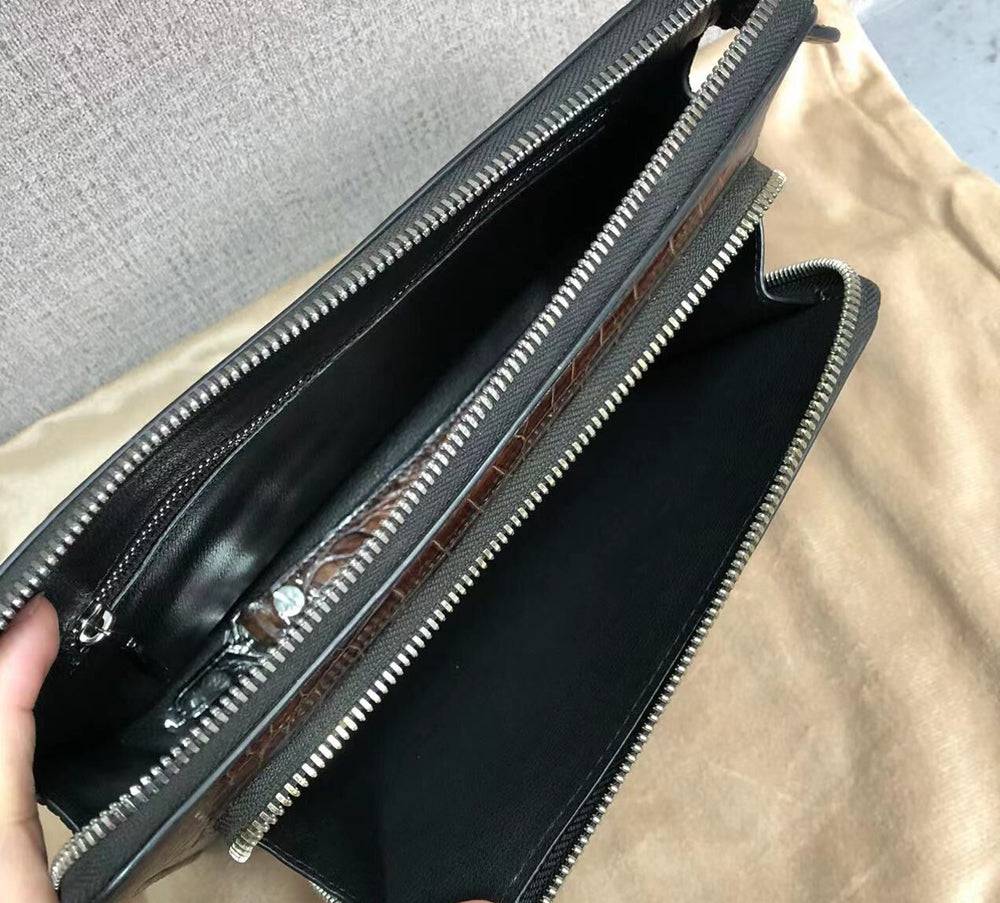 Vintage Brown Genuine Crocodile Skin Leather Wrist Handle Clutch Wallet Bag
