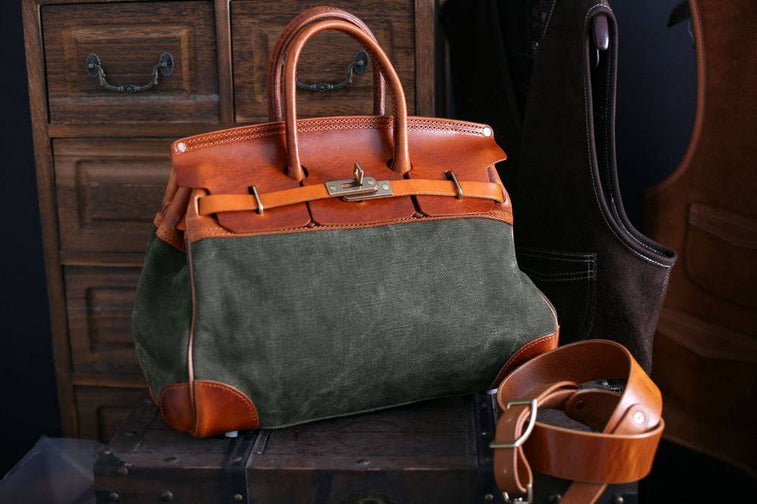 Unisex Genuine Vintage Oil Wax Leather Top Handle Canvas Bag Large