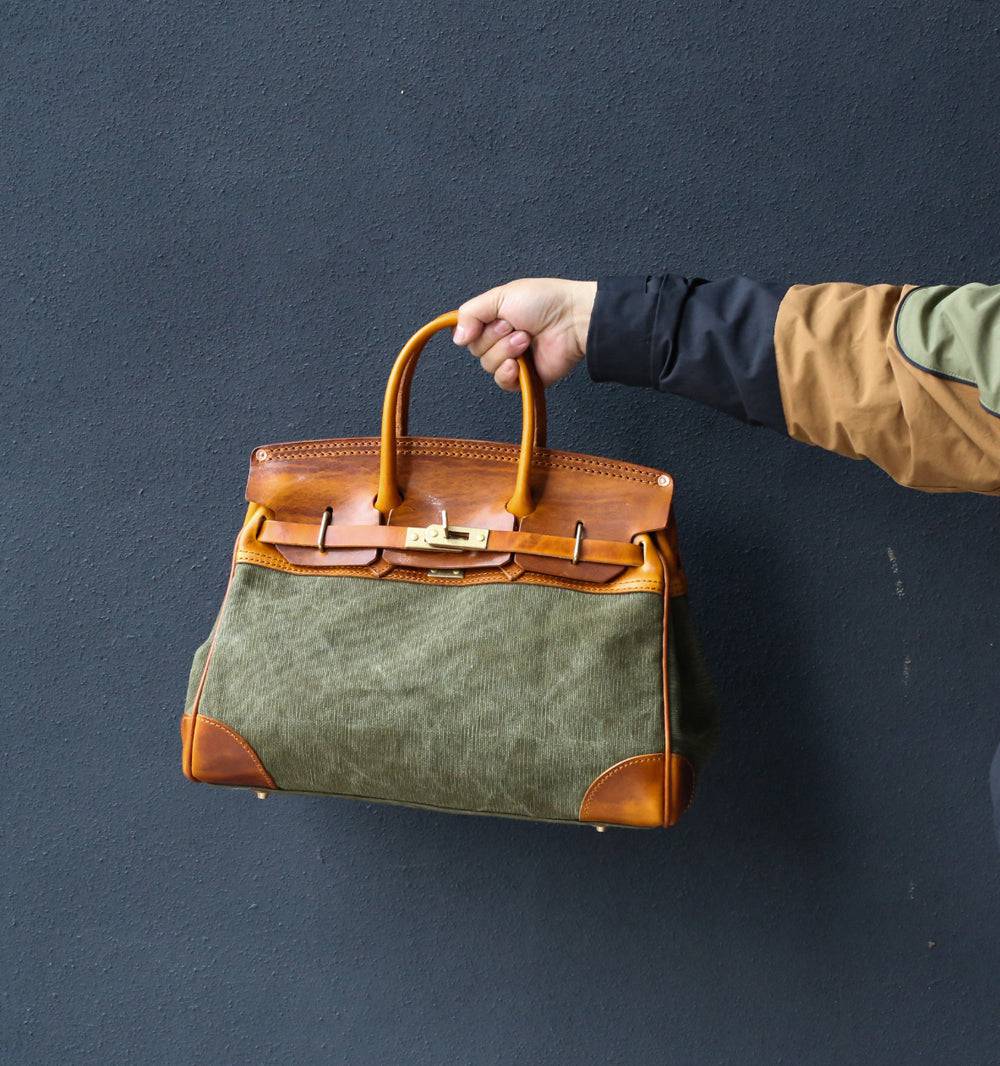 Unisex Genuine Vintage Oil Wax Leather Top Handle Canvas Bag Large