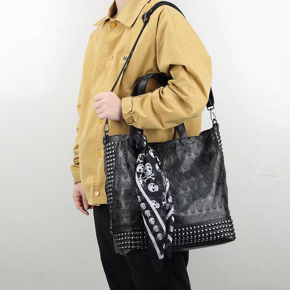3D Large Shopper Bag, Studded Embossed Skull Large Shopper Bag With Small Pouch & Scarf