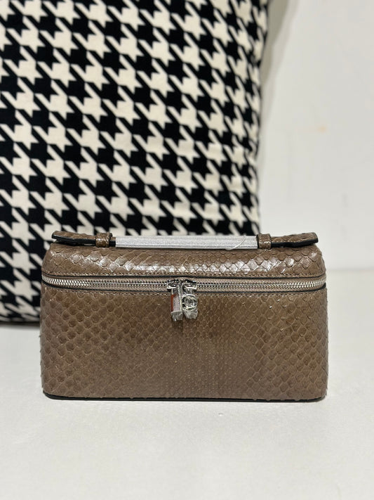 Genuine Python Skin Leather Zipper Cosmetic Handle Bag