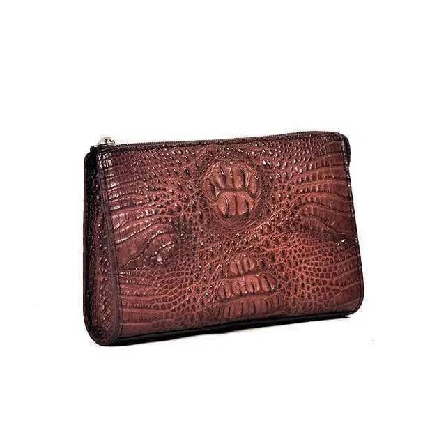 Brown Crocodile Skin Leather Mens Zip Top Clutch Bag