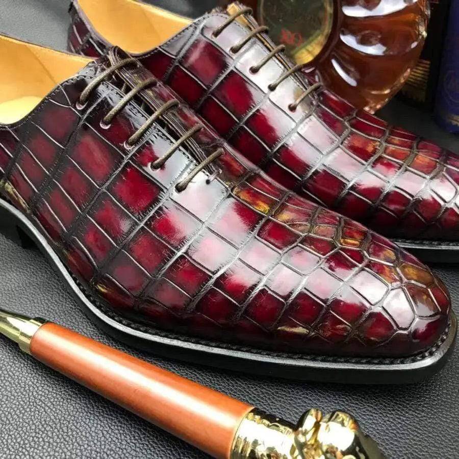 Crocodile Shoes Burnished Burgundy Derby Crocodile Belly Leather Lace-Up Shoes For Men
