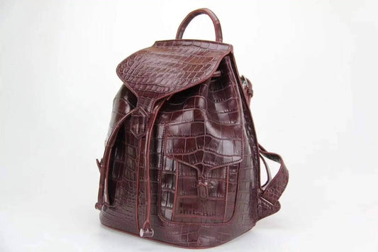 Genuine Crocodile Belly Leather Backpack Wine Red