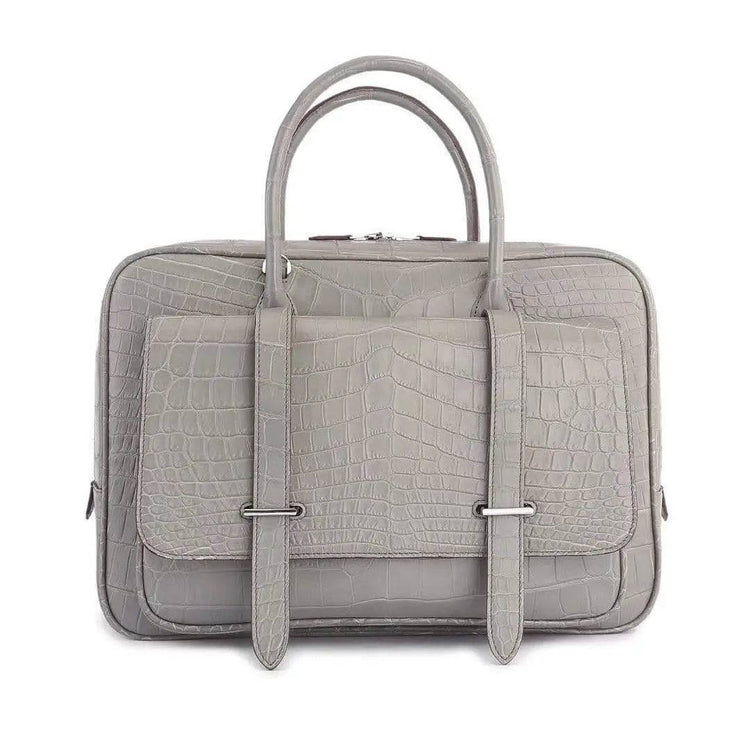 Genuine Crocodile Leather Postman Bag Mens Messenger Bussiness Document Travel Laptop Briefcase Bags Light Grey