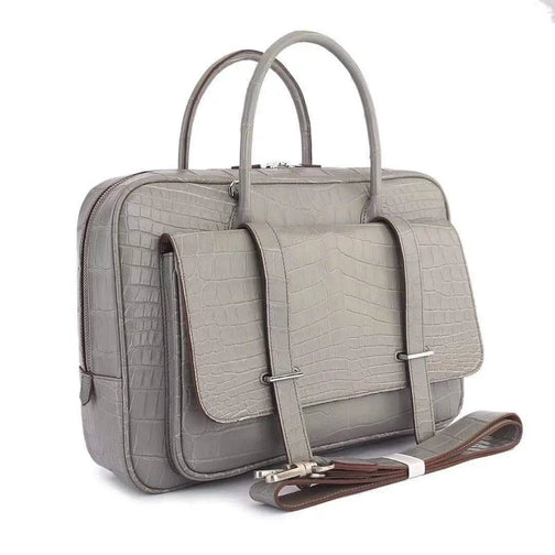Genuine Crocodile Leather Postman Bag Mens Messenger Bussiness Document Travel Laptop Briefcase Bags Light Grey