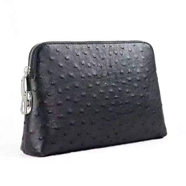 Genuine Ostrich Leather Shell Clutch Bag/Travel Case With Lock Black For Men