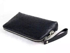 Genuine Ostrich Leather Shell Clutch Bag/Travel Case With Lock Black For Men