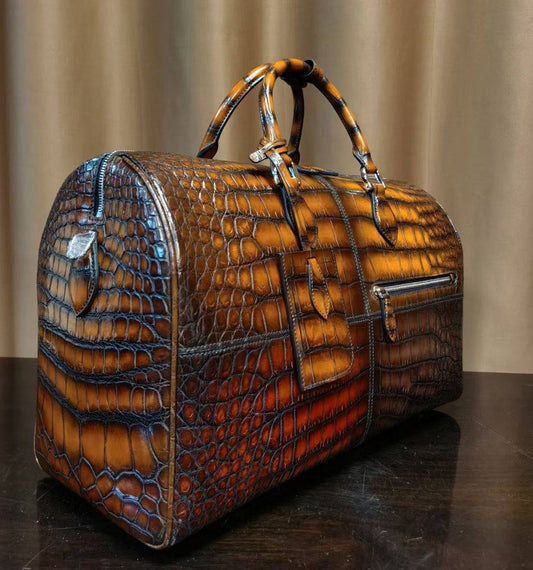 Unisex Vintage Multi Color Crocodile Leather Travel Duffel Bag