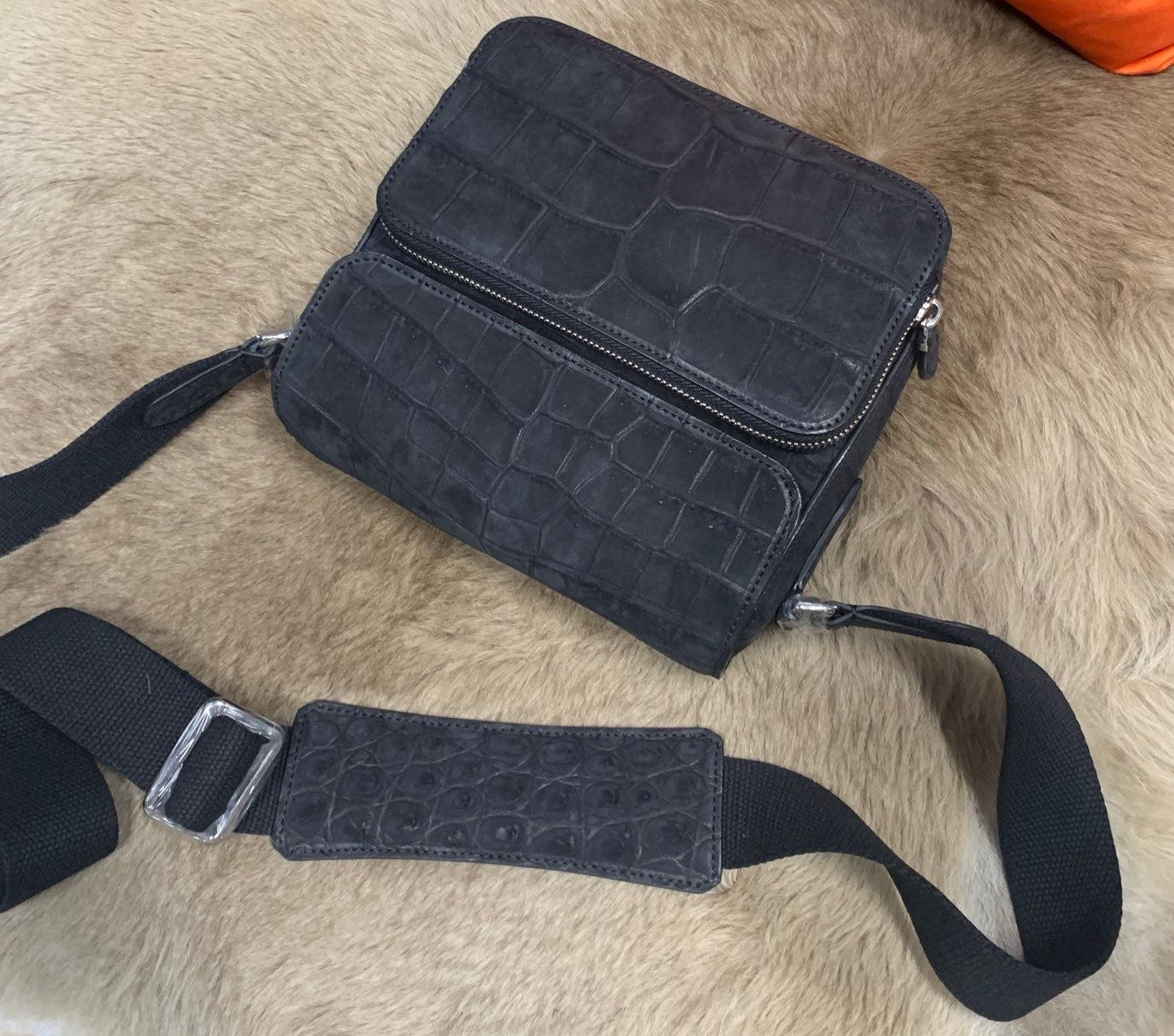 Nubuck Crocodile Leather Cross Body Shoulder Bag Small