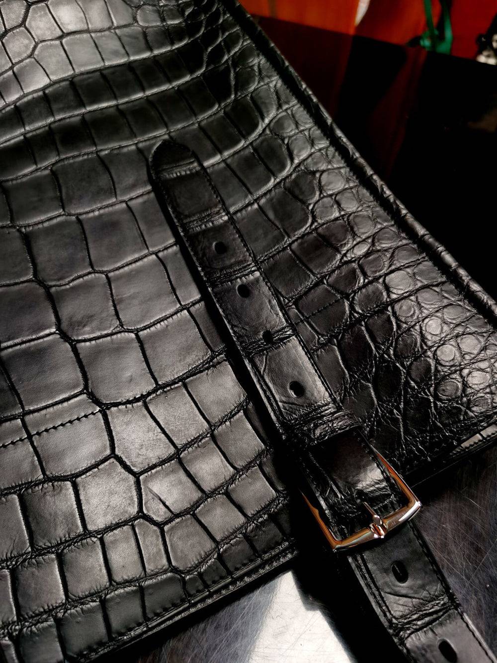 Unisex Black Crocodile Leather Large Shopper Tote Bag