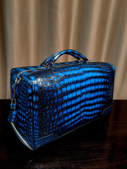Genuine Crocodile Skin Leather Large Duffel Roller Handle Shoulder Business Travel Bag Vintage Blue