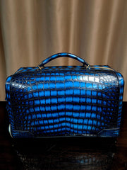 Genuine Crocodile Skin Leather Large Duffel Roller Handle Shoulder Business Travel Bag Vintage Blue