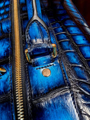 Genuine Crocodile Skin Leather Large Duffel Roller Handle Shoulder Business Travel Bag Vintage Blue