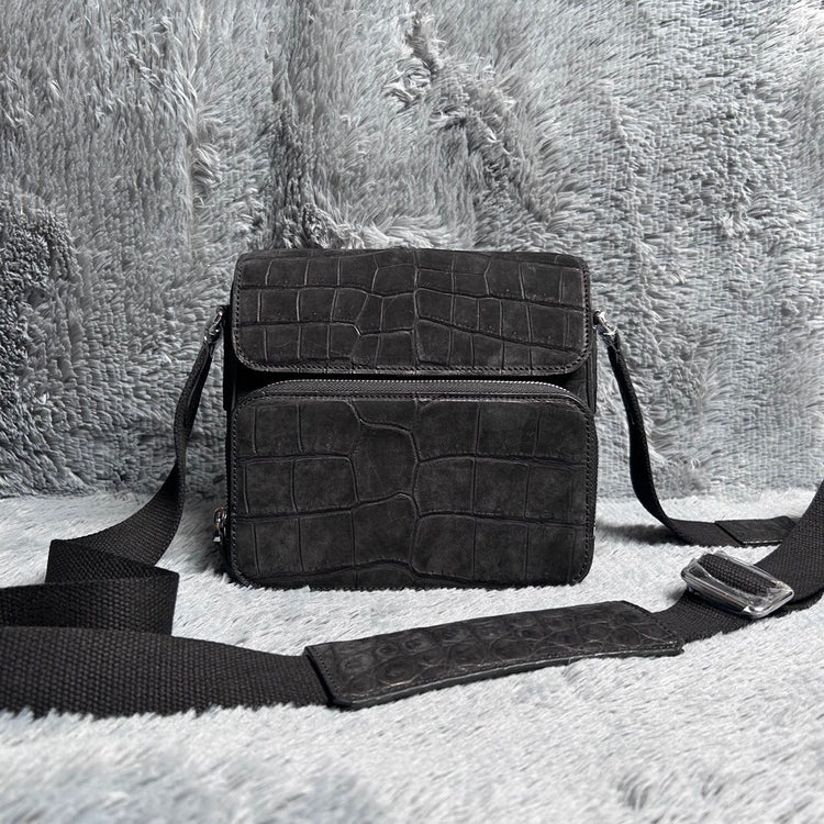 Men's Nubuck Crocodile Skin Leather Cross Body Shoulder Bag Black