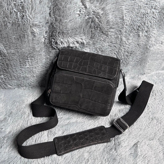 Men's Nubuck Crocodile Skin Leather Cross Body Shoulder Bag Black