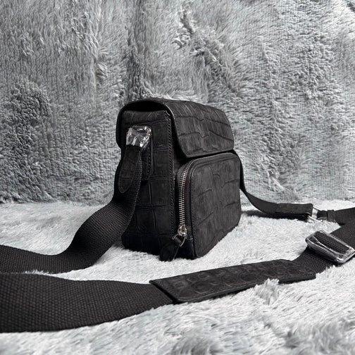 Men's Nubuck Crocodile Skin Leather Cross Body Shoulder Bag Black