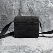 Men's Nubuck Crocodile Skin Leather Cross Body Shoulder Bag Black