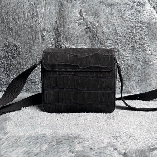 Men's Nubuck Crocodile Skin Leather Cross Body Shoulder Bag Black