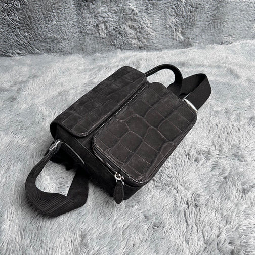 Men's Nubuck Crocodile Skin Leather Cross Body Shoulder Bag Black