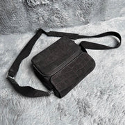 Men's Nubuck Crocodile Skin Leather Cross Body Shoulder Bag Black