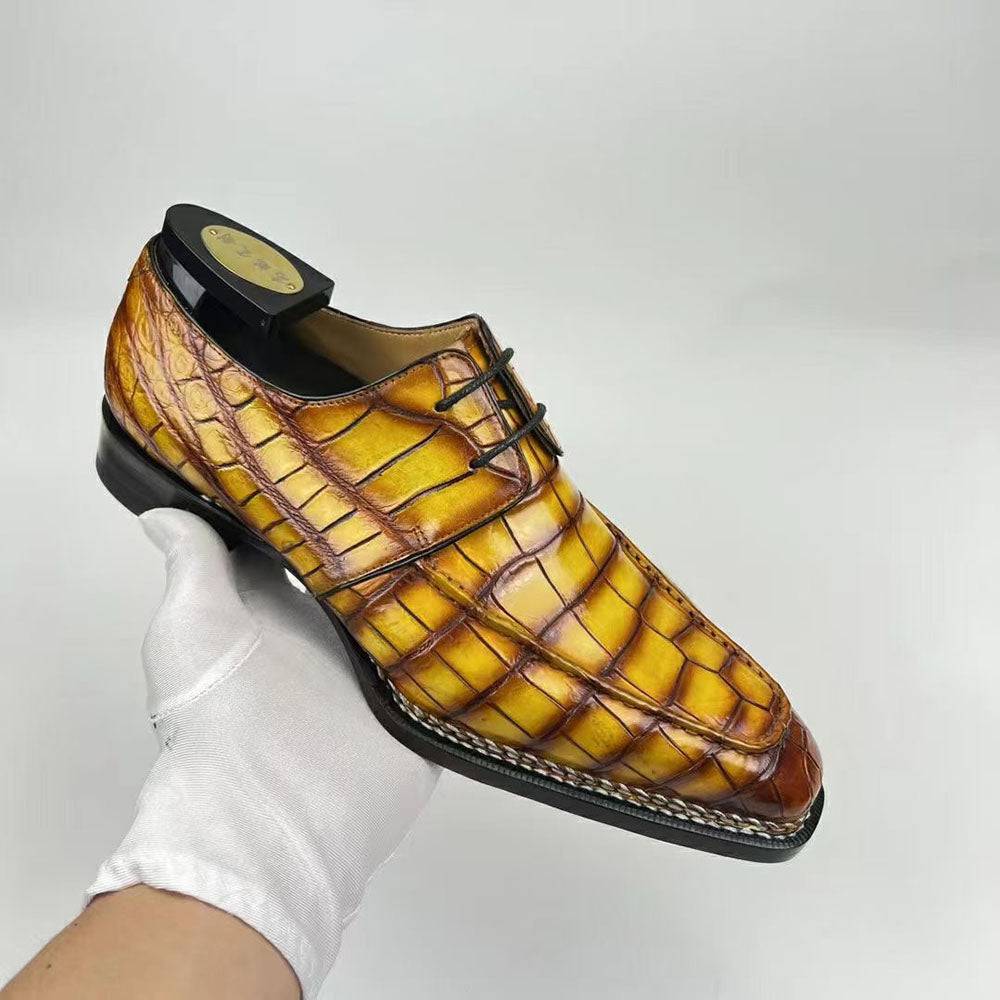 Crocodile Shoes Men's Crocodile Leather Norwegian Stitching Fiddleback Sole Lace Up Dress Shoes Vintage Amber Yellow