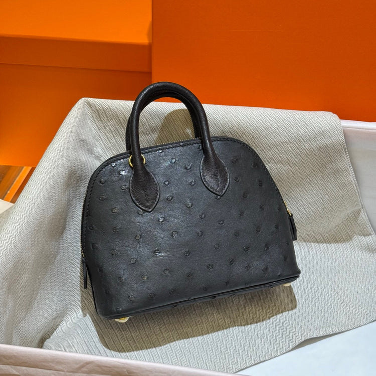 Womens Genuine Ostrich SKin Leather Shell Promennade Trapezoid Cross Body Bag Mini