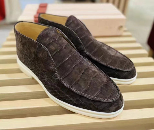 Preorder Nubuck Crocodile Shoes Men's Crocodile Leather Lace-Up Dress Shoes Dark Blue And Brown