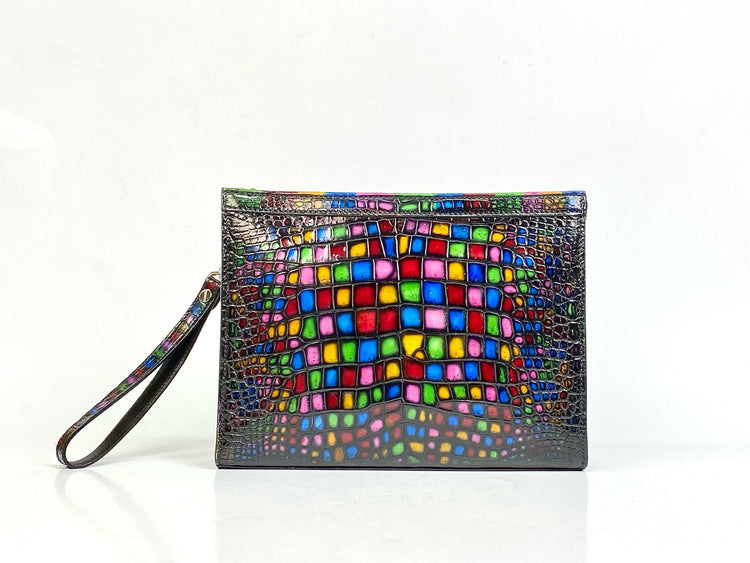 Crocodile Skin Leather Clutch , Stained Glass Style Rhapsody, Church Stained Glass Style Clutch