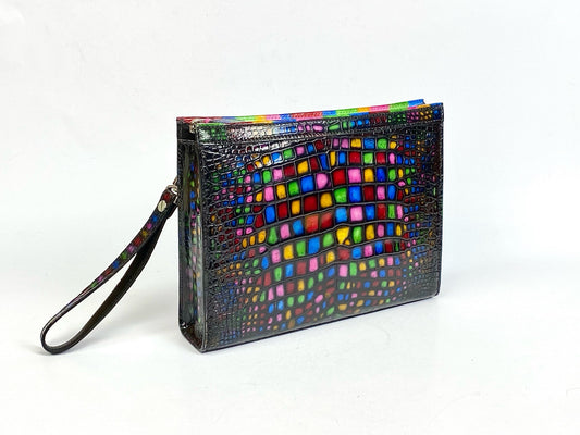 Crocodile Skin Leather Clutch , Stained Glass Style Rhapsody, Church Stained Glass Style Clutch