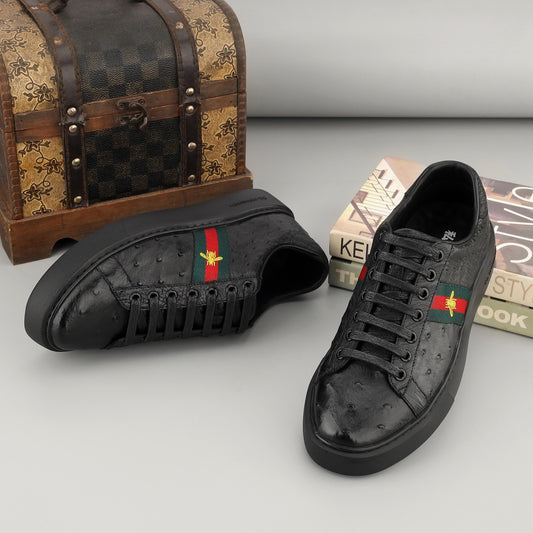 Ostrich Sneakers Men's Ostirch Leather Lace Up Sneakers With Embroidery