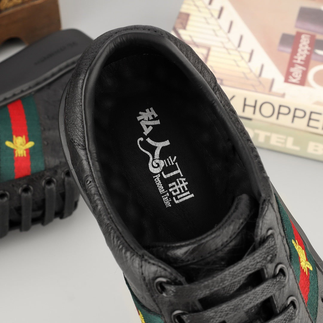 Ostrich Sneakers Men's Ostirch Leather Lace Up Sneakers With Embroidery