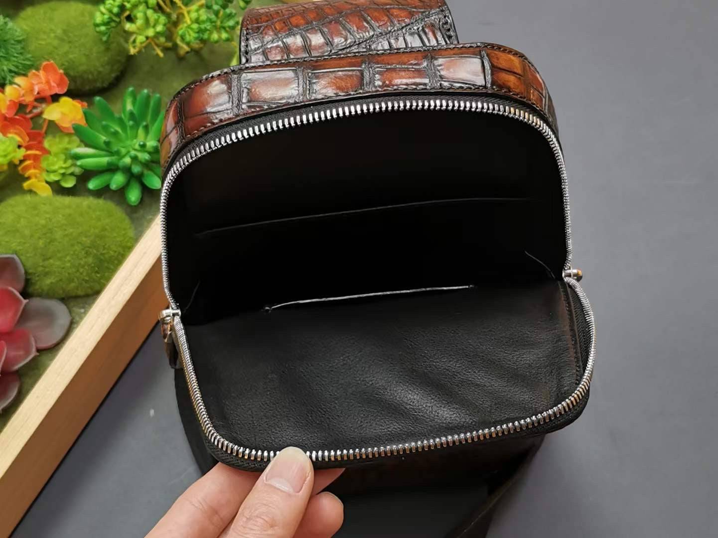 Vintage Brown Genuine Crocodile Skin Leather Chest Sling Shoulder Bag