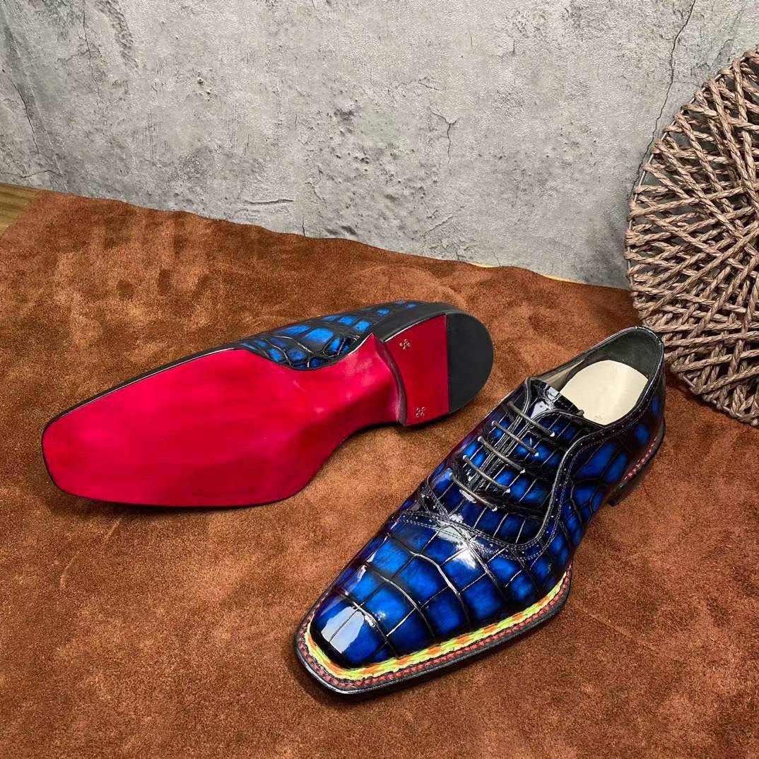 Crocodile Shoes Men's Crocodile Leather Norwegian Stitching Lace Up Dress Shoes Vintage Blue