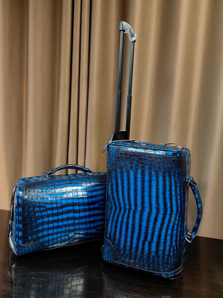 Genuine Crocodile Skin Leather Large Duffel Roller Handle Shoulder Business Travel Bag Vintage Blue