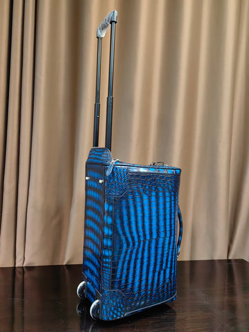 Genuine Crocodile Skin Leather Large Duffel Roller Handle Shoulder Business Travel Bag Vintage Blue