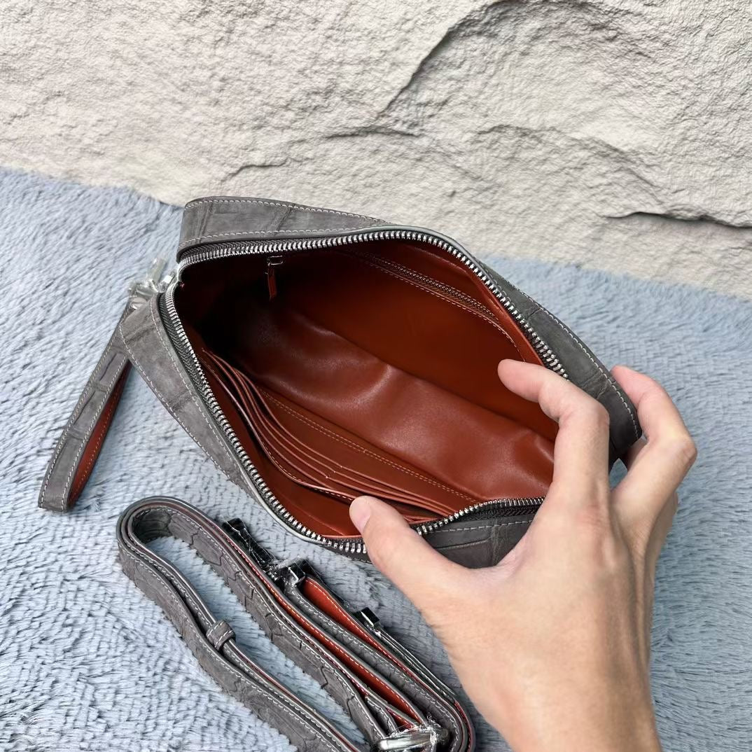 Nubuck Crocodile Leather Camera Cross Body Shoulder Clutch Bag