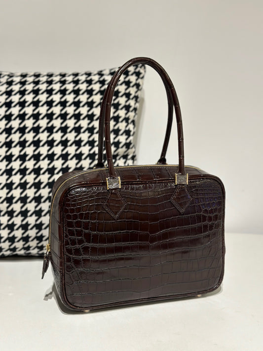 Womens Genuine Crocodile Skin Leathe Top Handle Tote Bag Brown