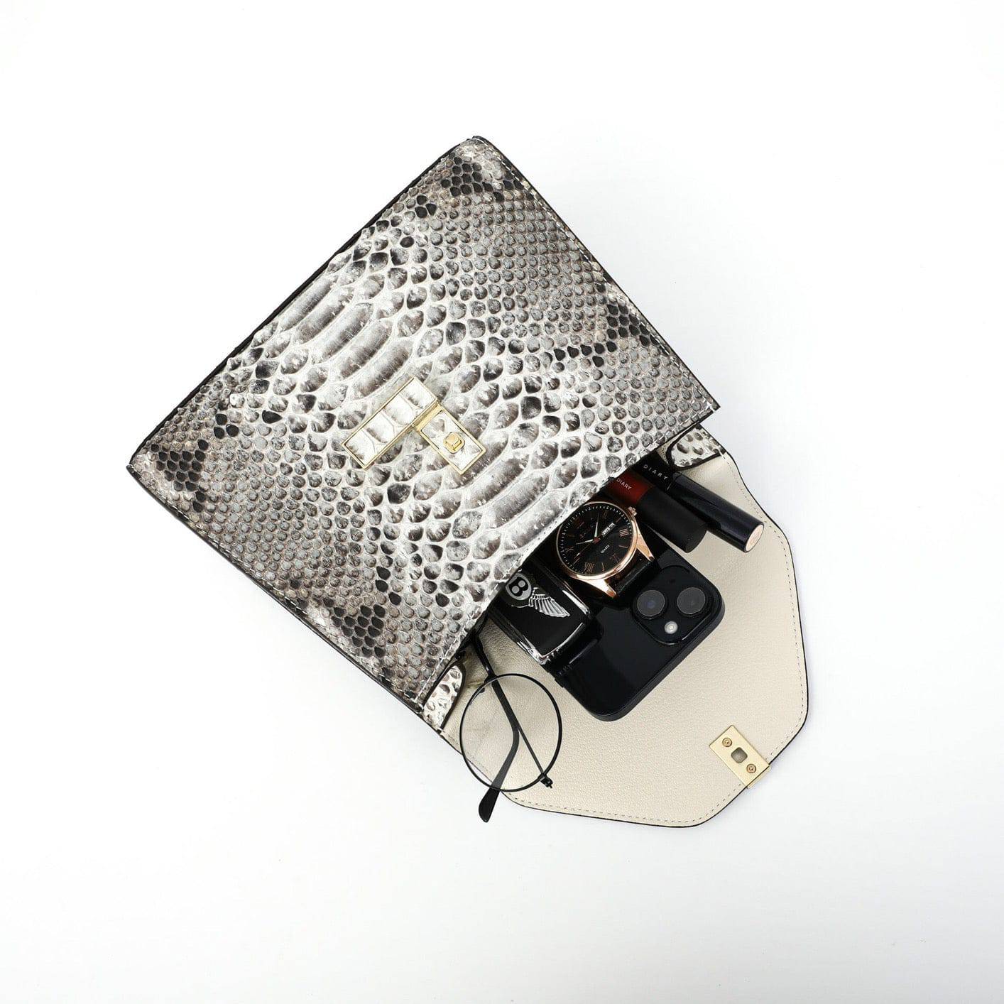 Womens Python Grey Leather Small Flap Bag Top Handle Cross Body Handbag