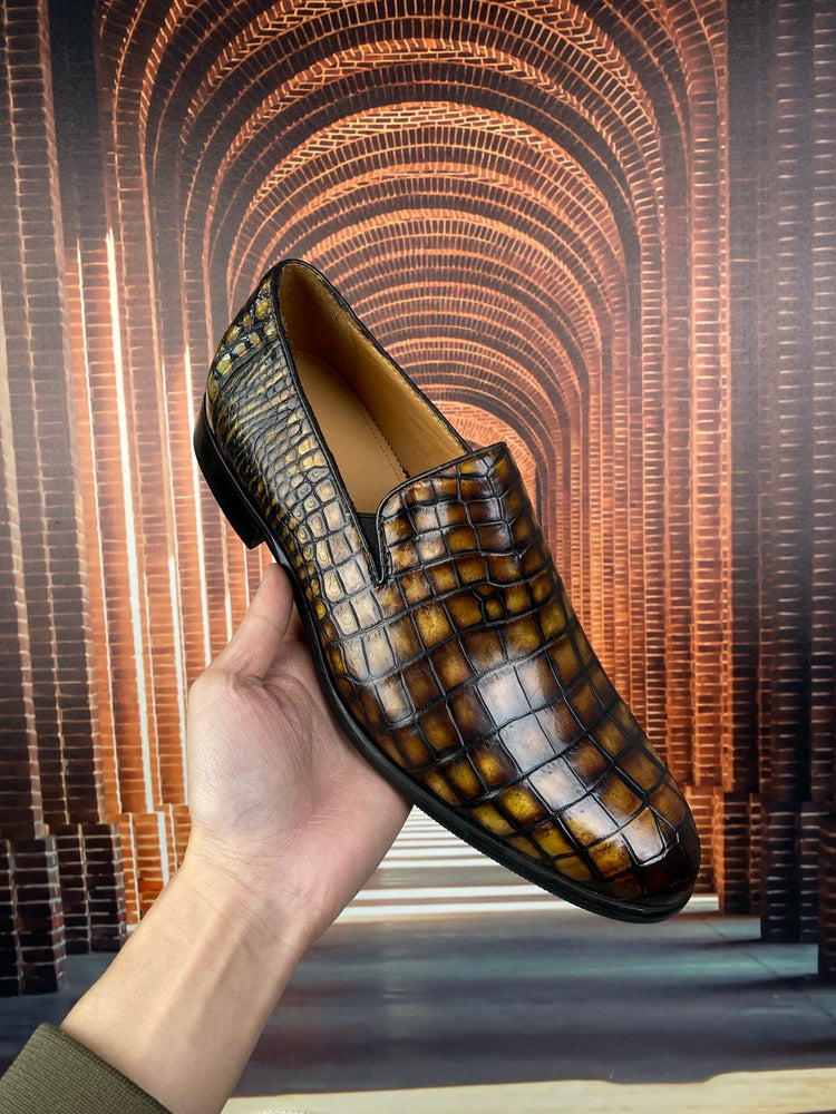 Crocodile Shoes Vintage Brown Genuine Crocodile Skin Leather Slip-On Loafer Shoes