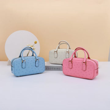 Genuine Ostrich Skin Leather Mini Top Handle Bowler Bag