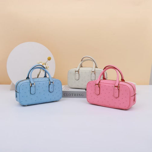 Genuine Ostrich Skin Leather Mini Top Handle Bowler Bag