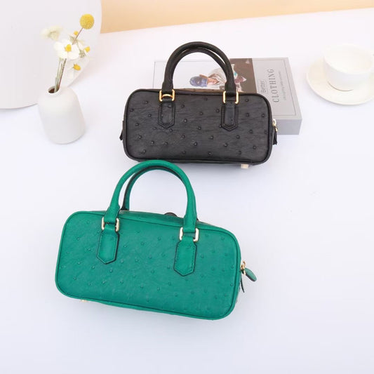 Genuine Ostrich Skin Leather Mini Top Handle Bowler Bag